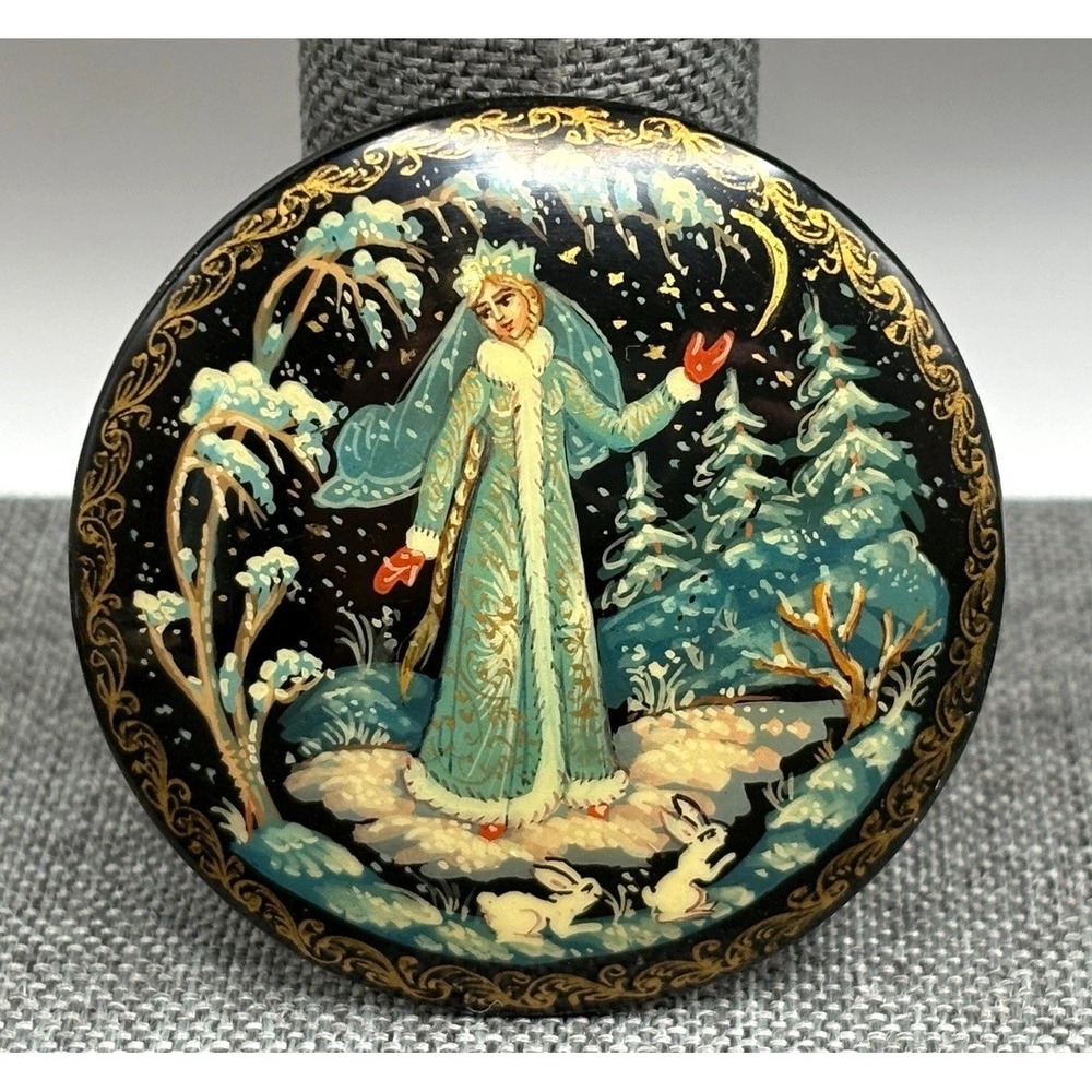 Vintage Ethnic Lacquer Brooch Pin Snow Maiden Fairy Princess Wood Hand Painted